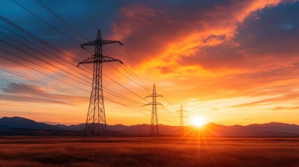 An expansive field with power lines set against a fiery sunset sky, illustrating the symbiotic relationship between technology and the natural world at day's end.