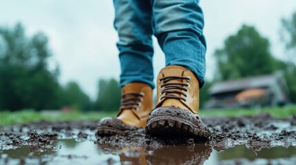 Child playing in a mud puddle on a rainy day, boots splashing, symbolizing the innocence and joy of childhood, carefree and playful