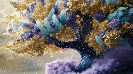 A gold and navy blue tree with mint and purple feathers, covered in dewdrops, with a vortex and lilac mist.