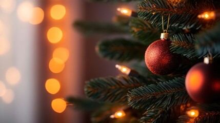 Obraz premium Christmas tree adorned with lights and ornaments, symbolizing the joy and festivity of the holiday season