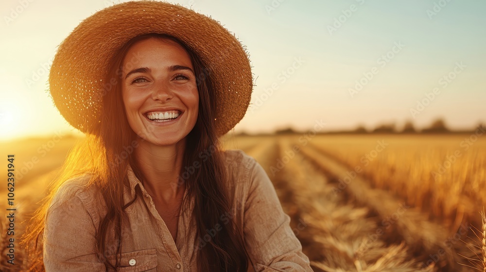 Wall mural a woman wearing a wide-brimmed straw hat beams with joy in a golden wheat field, illuminated by the 