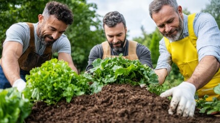 Three men work collaboratively in a vibrant garden, carefully planting fresh lettuce and greens. They are focused on their tasks, enjoying the outdoor experience