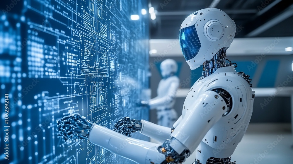 Aufkleber Two humanoid robots interacting with a digital screen displaying complex data and code.