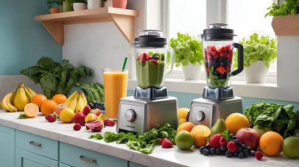 Healthy smoothies being prepared with fresh fruits and vegetables in a modern kitchen
