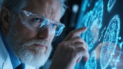 A gray-haired scientist with glasses studies complex data visualizations on a translucent screen in a modern lab, working late to analyze crucial research findings