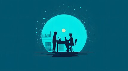 A flat vector illustration of two people in an office setting, one presenting data on a screen to the other sitting at a desk
