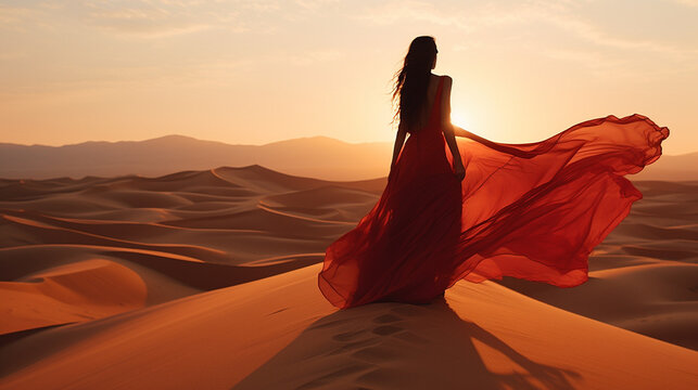Beautiful exotic Middle Eastern woman standing on a sand dune in the desert with flowing red dress blowing in the wind