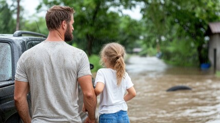 Fototapeta premium A man holds his daughterвЂ™s hand as they stand together, gazing at their waterlogged neighborhood after a significant rainstorm caused flooding