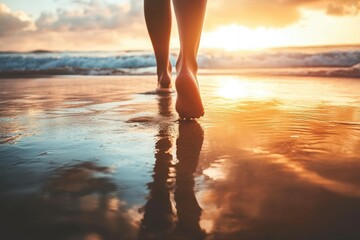 Close-up of bare feet walking on a wet sandy beach during sunset, with warm colors reflecting in the shallow water. 