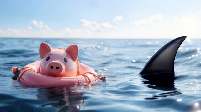 Piggy bank floating on sea, shark attack, financial scam, debt bankruptcy economy crisis