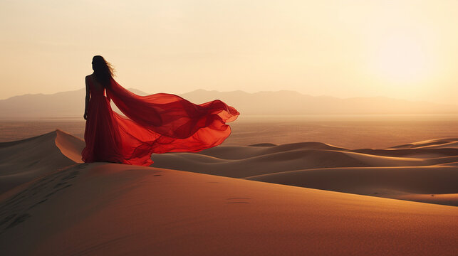 Beautiful exotic Middle Eastern woman standing on a sand dune in the desert with flowing red dress blowing in the wind