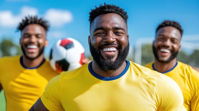 Three enthusiastic soccer players smile broadly as they pose together on the field, showcasing their teamwork and camaraderie in vibrant yellow jerseys under a clear blue sky