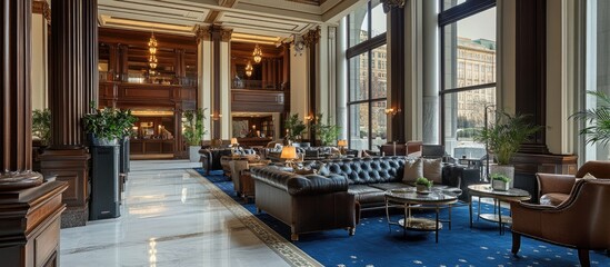 A spacious and luxurious hotel lobby with leather sofas, marble floors, and large windows.