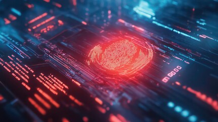 Futuristic digital interface with glowing elements and data patterns.