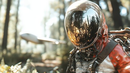 An astronaut with a reflective helmet stands in a sunlit forest, surrounded by greenery and pines, while sunlight reflects off the mirrored helmet surface.