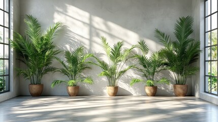 Fototapeta premium A serene indoor environment showcases four lush potted plants arranged along a sunlit wall, surrounded by large windows that allow natural light to flood the space