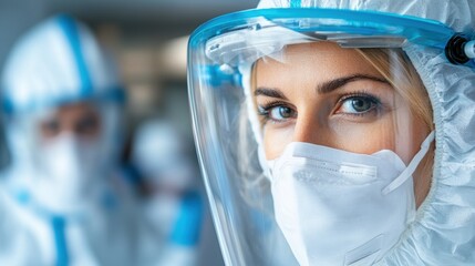 A dedicated healthcare worker dressed in full protective gear looks intently, emphasizing the commitment to caring for patients affected by COVID-19 in a hospital setting