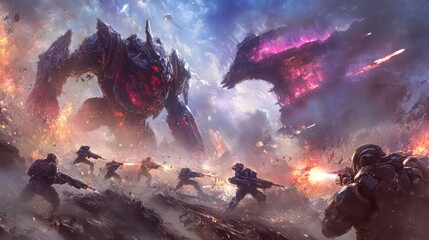 Epic battle scene featuring giant monsters and soldiers in a futuristic setting.