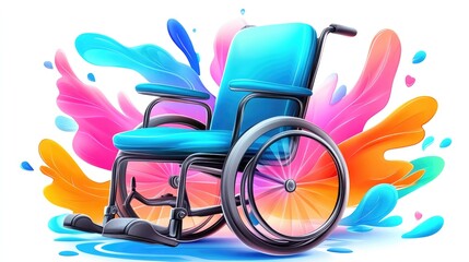 Vibrant wheelchair surrounded by colorful splashes symbolizing accessibility and inclusivity