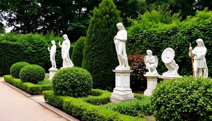 An elegant garden scene showcasing classical sculptures amidst lush greenery.