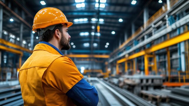 A construction worker stands with arms crossed, wearing a safety helmet, while monitoring the ongoing activities in a spacious warehouse filled with steel materials and machinery