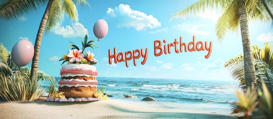 Bright orange 3D "Happy Birthday" text on a beach scene, with palm tree balloons and a cake topped with tropical flowers.