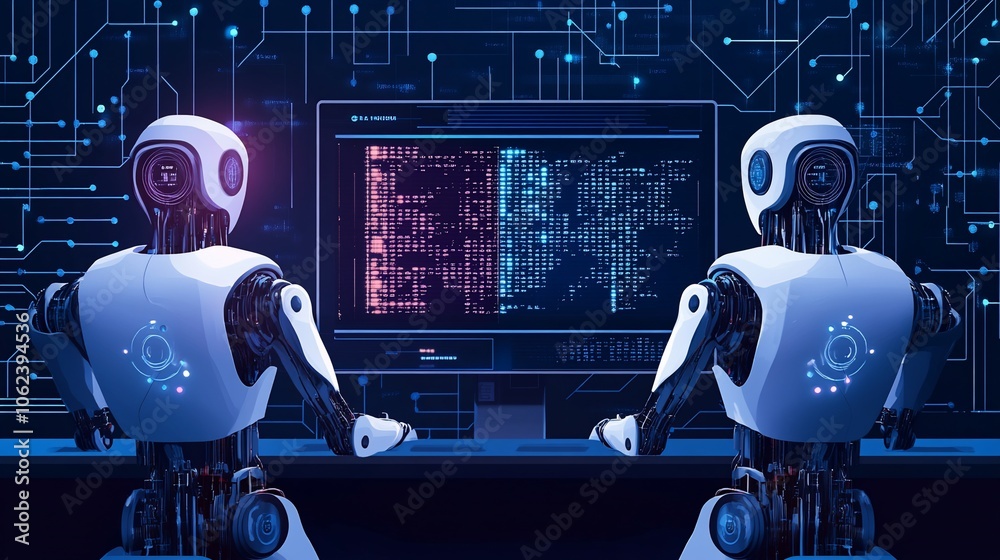 Poster Two robots are working together at a computer, looking at a screen full of code.
