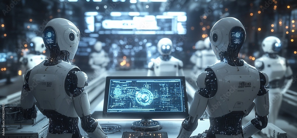 Poster Two robots looking at a computer screen in a futuristic setting.