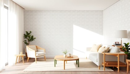 Fototapeta premium A minimalist, serene living room with a subtle geometric patterned wallpaper, featuring intricate.