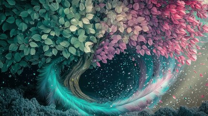 Fototapeta premium A lush 3D mural featuring a tree with pastel green and fuchsia leaves, with feathers fading from teal to magenta, covered in dewdrops, swirling into a time-bending vortex.
