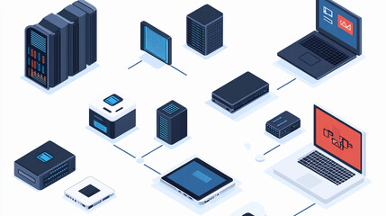 Digital network infrastructure with servers, computers, and data management systems