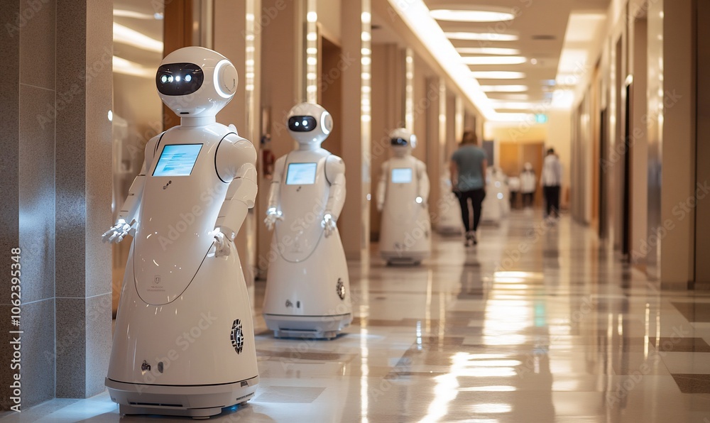 Poster two white robots stand in a long hallway with a person walking in the background.