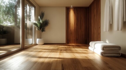 Warm inviting room featuring a rich wooden floor and decor, large glass doors revealing a lush green view, promoting serene peace and relaxation for occupants.