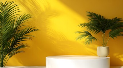 Fototapeta premium Minimalist abstract background for product presentation, a round podium with a palm plant on a yellow background