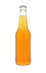 Orange liquid juice in closed blank glass bottle isolated on white background