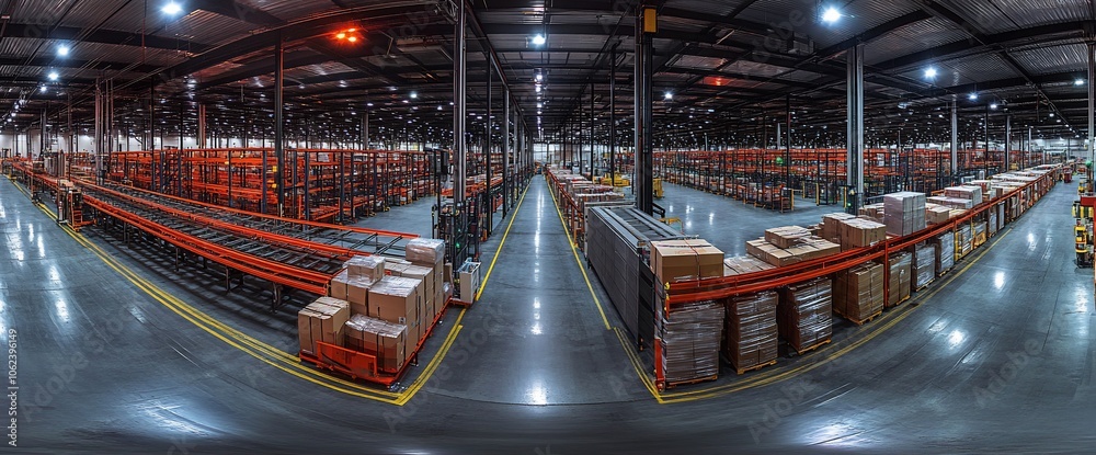 Aufkleber Wide angle panoramic view of a large empty warehouse with high shelves and empty spaces.