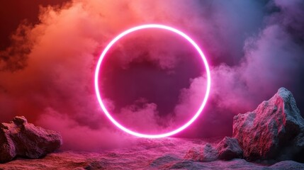 A mesmerizing image of a vibrant pink neon circle surrounded by hazy ridges, evoking a dreamlike atmosphere with vibrant colors and an abstract, mysterious setting.