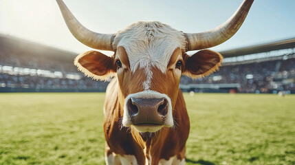 A brown and white cow stands in a sunny stadium during a daytime event surrounded by people