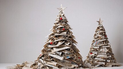 Recycled newspaper Christmas trees with rolled pages and red berry accents on white background