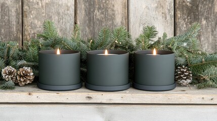 Obraz premium Four black candles burn brightly on a rustic wooden table, surrounded by green pine branches, creating a festive Christmas ambiance