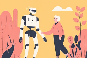 A humanoid robot shakes hands with an elderly person in a friendly environment, representing the partnership between AI and humans in healthcare and daily assistance tasks...
