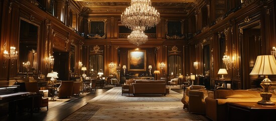 Large, opulent room with chandeliers and ornate wood paneling, luxurious furniture and a grand piano.