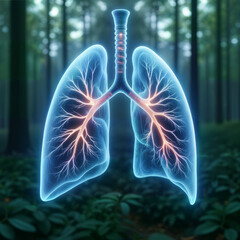 A stunning, glowing illustration of human lungs integrated with a forest background. Ideal for health education, environmental awareness, or medical presentations or world pneumonia day