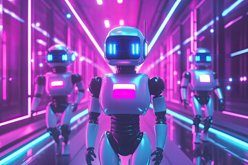 Robots walking in a futuristic neon-lit environment, representing the role of artificial intelligence in advanced digital systems and the future of robotics..
