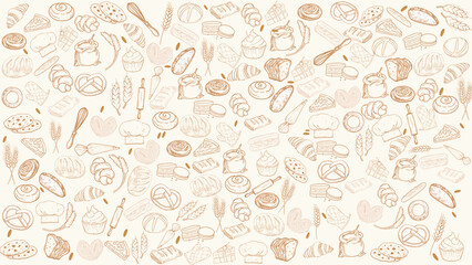 bakery pattern wallpaper or background featuring a assortment of fresh pastries and baking tools 