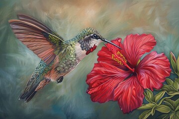 Watercolor drawing of a hummingbird next to a beautiful pink flower on a blurred background.