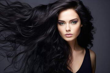 Naklejka premium Stylish coiffure, brunette woman with long curly hair on gray background, beauty and hair care concept