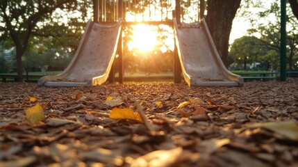Empty playground slides surrounded by fallen leaves, seen during sunset, conveying a sense of tranquility, solitude, and childhood memories in a park setting.