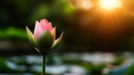 A beautiful lotus flower standing in a tranquil pond, illuminated by soft, warm light, representing purity and serenity, evoking a sense of inner peace.