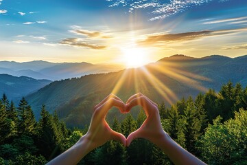 Heart shaped silhouette with hands at sunrise on mountain